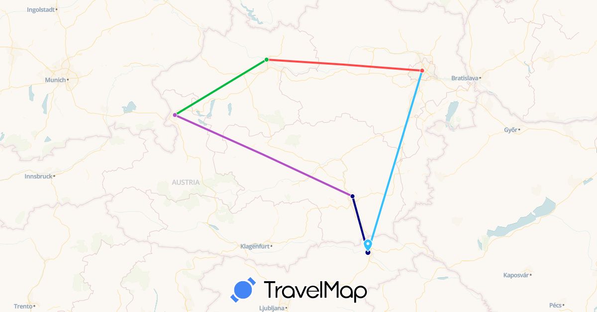 TravelMap itinerary: driving, bus, train, hiking, boat in Austria, Slovenia (Europe)